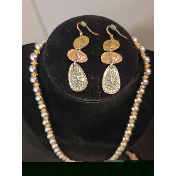 20"-25" Gold & Silver Bead Necklace, Gold, Copper, Silver Bracelet & Earrings - Picture 2 of 8